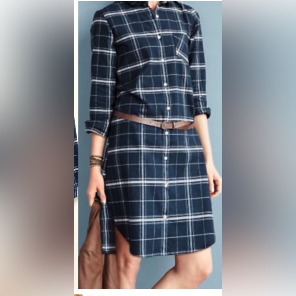 Garnet Hill NWOT Long Sleeve Navy Blue Plaid Flannel Button Down Dress